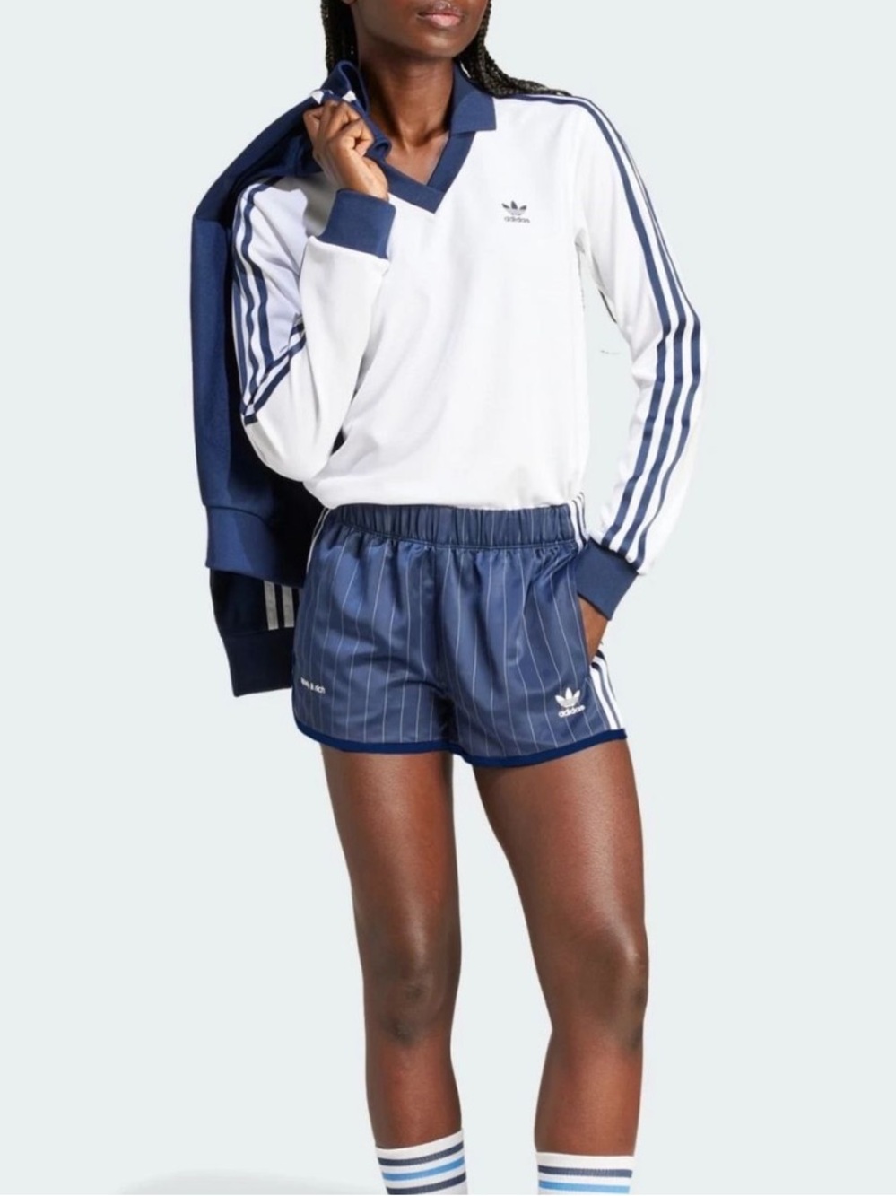 Adidas x Sporty & Rich White Long-Sleeve Polo Tee Collar with Navy Trim - Picture 6 of 7